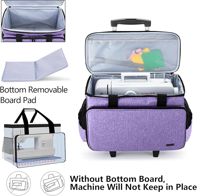 Yarwo Upgraded Rolling Sewing Machine Carrying Case, Detachable Trolley Tote Bag with Removable Bottom Board and Thickened Trailer Leg for Most Standard Sewing Machine and Accessories, Purple