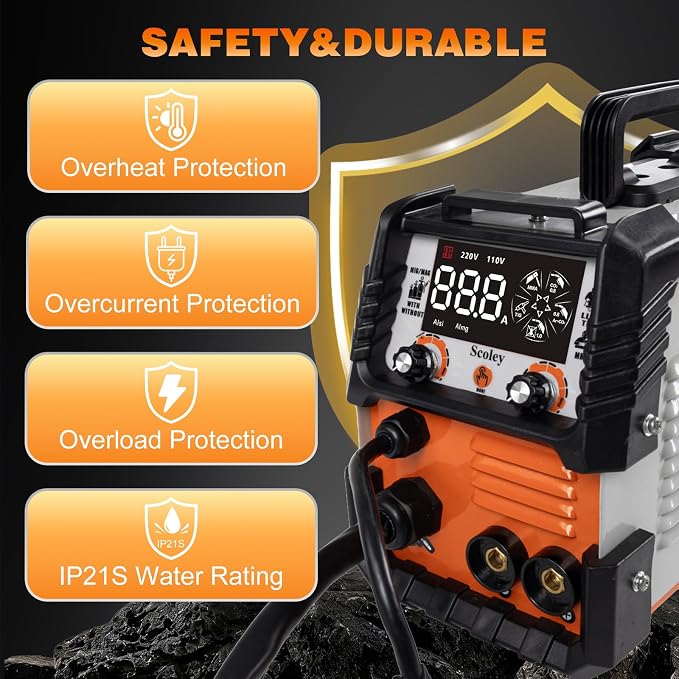 5-in-1 MIG Welder 110V/220V, 180A Aluminum Welder/Gas MIG/Flux Core Welder/Lift TIG/Stick Welding Machine with IGBT Inverter Synergic Control, Large Digital Display, Welding Gloves & Mask