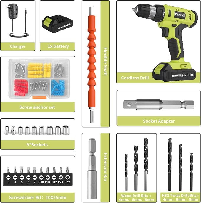 FADAKWALT Cordless Drill Set, 20V Electric Power Drill with Battery And Charger, Torque 30N, 21+1 Torque Setting, 3/8-Inch Keyless Chuck, LED Work Light, Complete Drill & Driver Bits Kit（green)