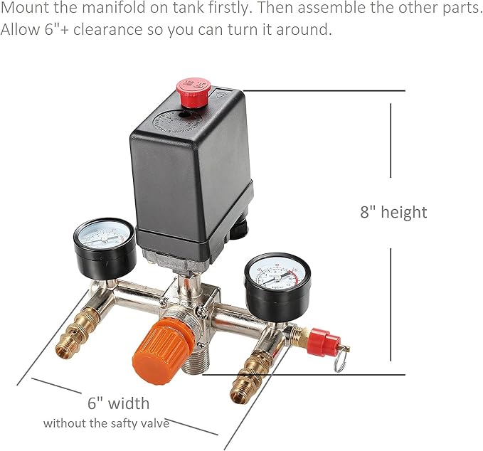 Secbolt Pressure Switch Manifold Regulator Gauges Air Compressor Pressure Switch Control Valve 90-120PSI (Vertical Switch)
