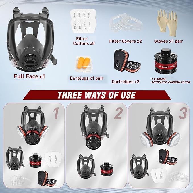Full Facepiece with Filters, Earplug, & Gloves - Protection Against Painting, Gas, Dust, Chemicals, Organic Vapors, Welding, Polishing, Spraying