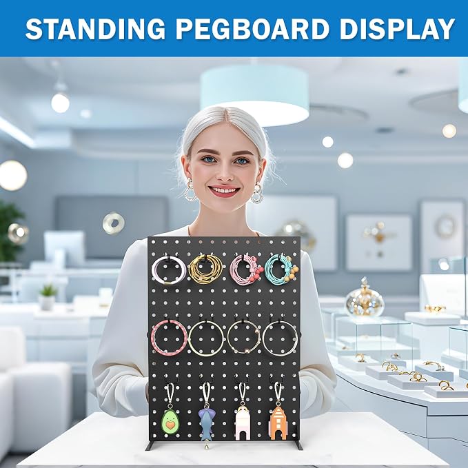 Peg Board Display Stand for Vendors, 2Pcs Black Pegboard Display Stand with 24 Hooks, Free Standing Pegboard Display, Tabletop Hanging Display Stand for Craft Shows, Keychain, Jewelry(16*12 inch)