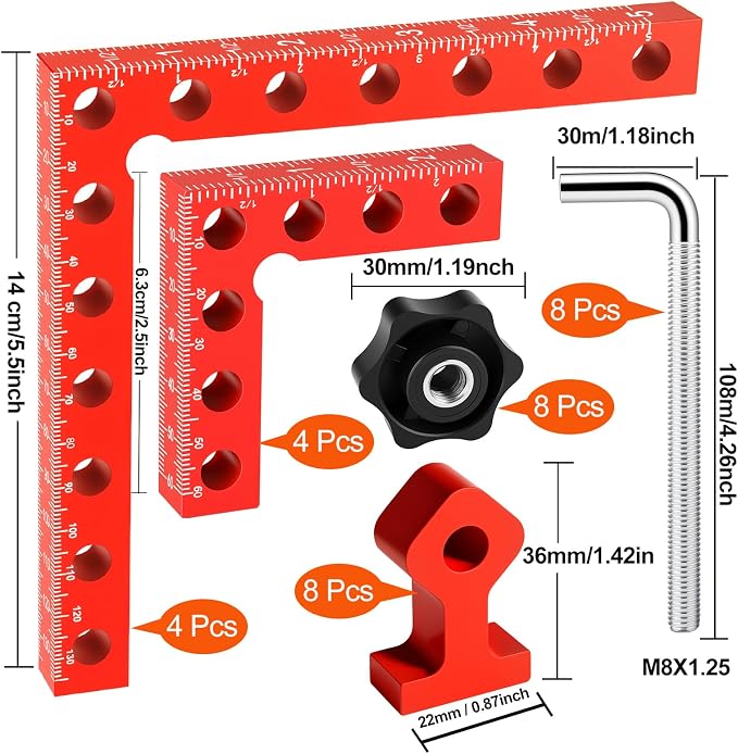 Corner Clamp for Woodworking, 90 Degree Right Angle Clamp, 8 Pack 5.5" & 2.5" Aluminum Alloy Positioning Squares for Cabinets & Picture Frames