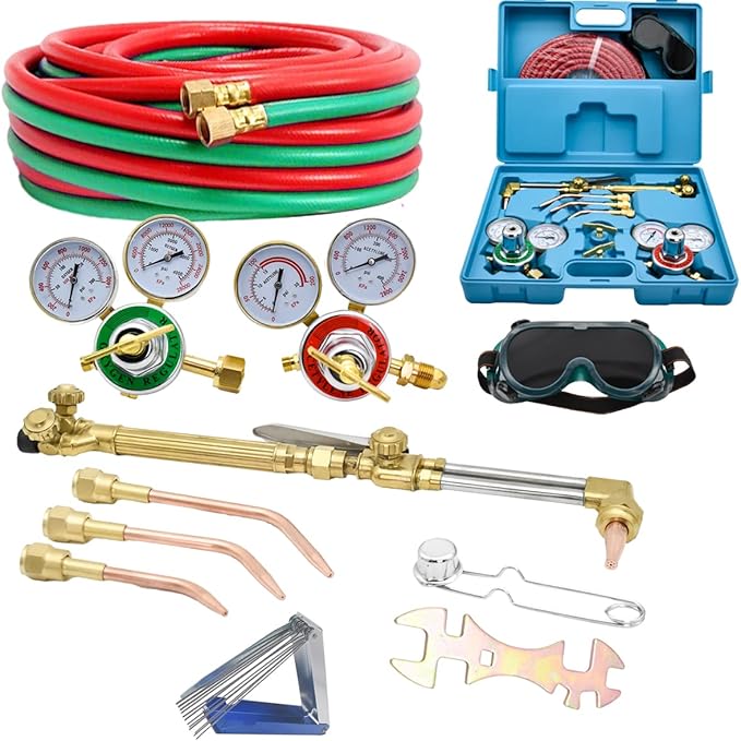 Cutting Torch Set Oxy Acetylene Torch Kit, Portable Gas Cutting Torch and Welding Kit with Acetylene Oxygen Gas Regulator Gas Hose Welding Glasses Storage Case and Accesseries