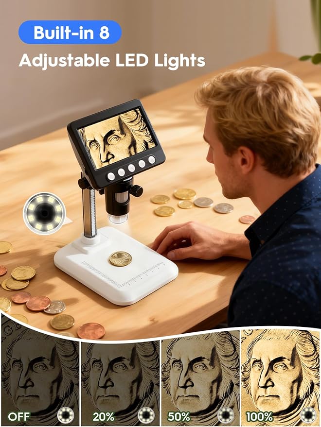 Coin Microscope, 4.3" LCD USB Digital 1000X 1080P Coin Magnifier | 8 Adjustable LED Lights, PC View Compatible with Windows/MacBook for Adults Kids