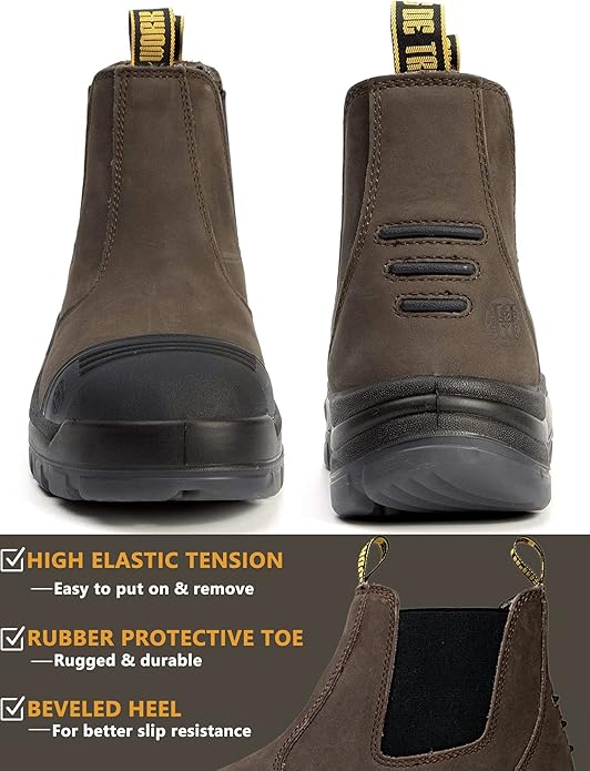 Work Boots for Men, Steel/Soft Toe Waterproof Working Boots, Slip Resistant Slip-on Safety Static Dissipative Working Shoes (Dark Brown)