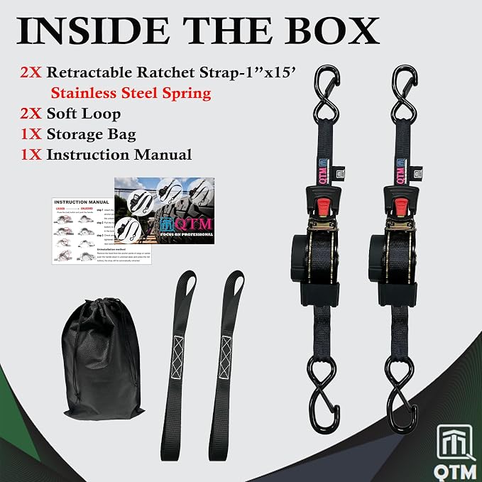 QTM 2-Pack Black Retractable Ratchet Straps Stainless Steel Spring, 1" x15' with Soft Loops, Heavy Duty, 2,000lbs Breaking Strength, with Storage Bag