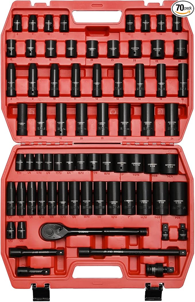 CASOMAN 1/2-inch 70 Pieces Impact Socket Master Set, SAE & Metric from 5/16"-1-1/4",8-24mm, Shallow/Deep Socket with Ratched Hand, Extension Bar and Adapters