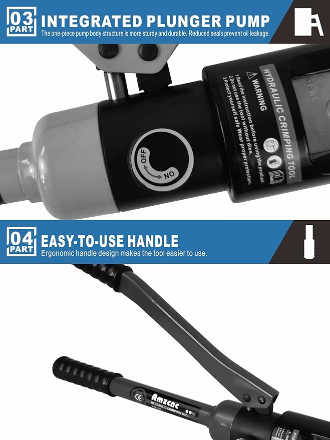 AMZCNC Hydraulic Wire Crimper Battery Lug Terminal Cable Crimping Tool, Crimps 10 AWG to 4/0 AWG, Cable Crimping Tool with 10 Pairs of Dies 12 Ton