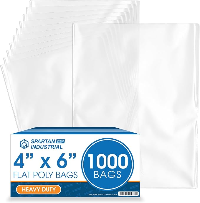 4" X 6" Open-End Flat Poly Bags (1000 Count) - 2 Mil Clear 4X6 Heat Seal Bags for Packaging, Shipping, Storage - No Adhesive Strip - Spartan Industrial