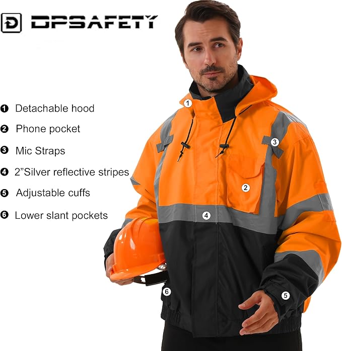 3 in 1 Safety jacket,Reflective high Visibility Hooded jacket,Hi Vis Bomber Jacket shell and fleece lining,Waterproof,ANSI Class 3 Black Bottom Orange,XL