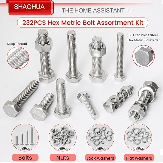 M6 M8 M10 M12 Metric Bolts and Nuts Assortment Kit 16mm to 60mm 304 Stainless Steel Hex Head Nuts Bolts Washers Assortment 15 Metric Size Nuts and Bolts Assortment Kit w/Storage Case, 232PCS, SHAOHUA