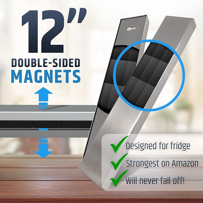 12" Premium Magnetic Knife Holder for Refrigerator (Double-Sided Heavy-Duty Magnets) - Upgraded Strip for Strong Fridge Mount - Clear Up Counter Space - 304 Anti-Rust Stainless Steel (Upgraded Design)