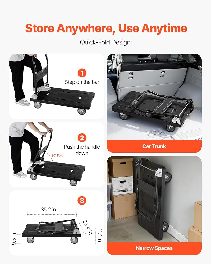 VEVOR Platform Truck Push Cart Dolly, 1000LBS Heavy Duty Folding Platform Truck with 360° Swivel Wheels, Flat Bed Cart with Space Saving Push Handle for Garage/Basement/Office/Warehouse
