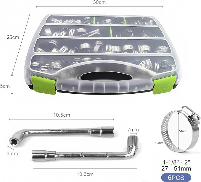Hose Clamps 185PCS Assortment Kit, 304 Stainless Steel, Radiator Hose Clamps, Multi-size Adjustable Range 1/4-2in(6-51mm) with 2pcs Socket Wrench for Automotive, Plumbing, Intercooler