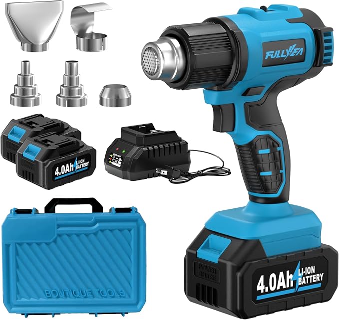 FULLYEA Heat Gun Cordless, Max 1022°F (550°C), Hot Air Gun Kit with 2x4.0Ah Batteries & 5 Nozzles, Lightweight Portable, Battery Heat Gun for Shrink Tubing, PVC Wrap, DIY Craft (Blue)
