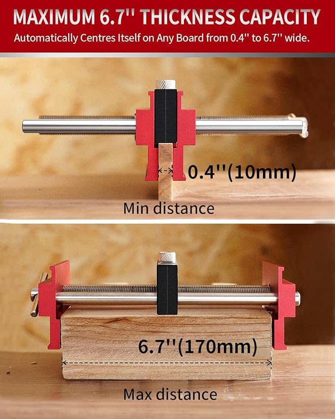 DAYDOOR 6.7" Self Centering Dowel Jig, Wide Capacity Doweling Jig & Drill Guide for Woodworking, Complete Kit with 6 Steel Bushings for Straight Holes(Red)