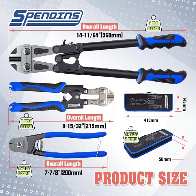 3-Piece Bolt Cutter Set, 14" Heavy Duty Bolt Cutters, 8" Mini Bolt Cutters and 8" Wire Rope Cutter with Carrying Case, Ergonomic Handles, Cr-V Blades for Cutting Locks, Chains, Iron Wire