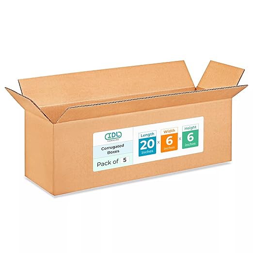 Long Shipping & Moving Boxes 20 x 6 x 6 inches (5-Pack) - Extra Strength 200 lb vs Regular - USA-Made Corrugated Shipping Boxes for USPS/UPS/FEDEX - Heavy-Duty Cardboard Box by IDL Packaging -