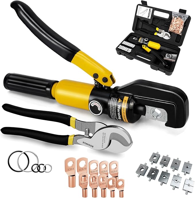10 Tons Hydraulic Crimping Tool with Cable Cutter, 64PCS Copper Terminals and 9 Dies, Battery Cable Crimper for 12 AWG-2/0 AWG, Hydraulic Wire Crimping Tool for Copper Lugs (Perfect Kit)