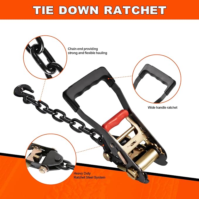 Car Tie Down Straps for Trailers, 4 Pack, 2" x12' Tire Ratchet Straps w/Chain Anchor, 13,200lb Break Strength, Lasso Wheel Straps for Hauling UTV,SUV,Truck