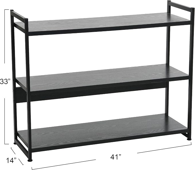 Household Essentials Jamestown Wide 3 Shelf Open Storage Bookshelf Black Oak Wood Grain and Black Metal