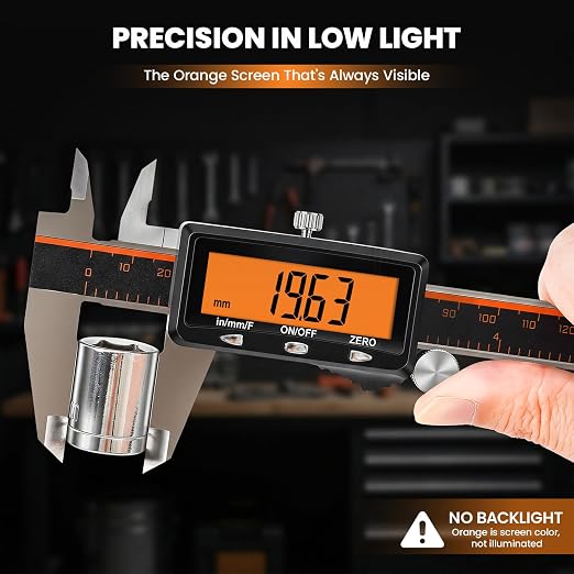 HARDELL Calipers 8", Rechargeable Digital Caliper with Large Orange Screen (Non-Backlit), Stainless Steel Auto-Off Micrometer, Inch/mm/Fraction for DIY/Household/3D Printing