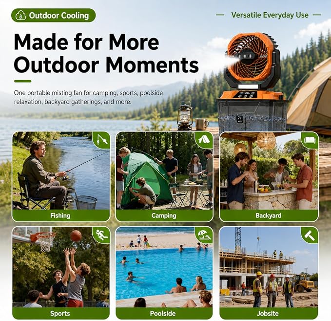 Portable Misting Fan for Patio, Outdoor Cooling Fan, 7L Water Tank, 20000mAh Battery, Remote Control, 1-12H Timer, 90° Oscillation, 5 Speeds & 4 Mist Levels, Camping, Beach, Fishing