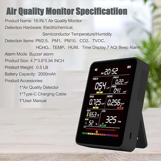 Professional Indoor Air Quality Monitor with AQI Alerts, Portable Real-Time Detector for Home, Car, Plants & Pet (Black)