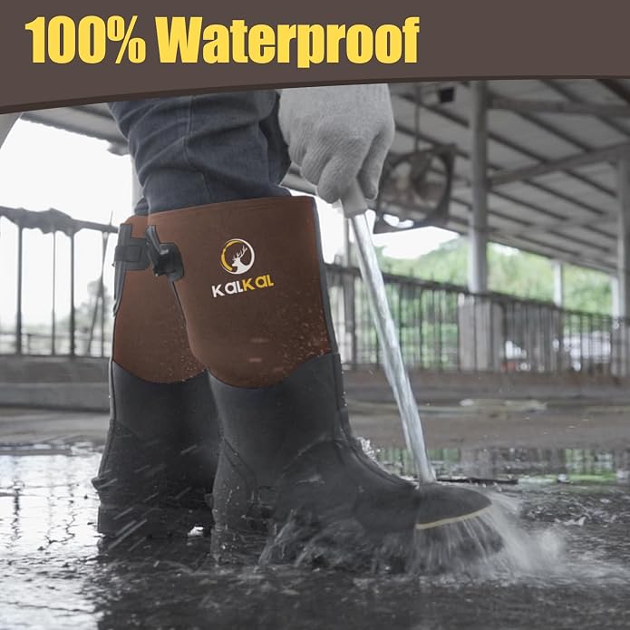 Kalkal Steel Toe Rubber Boots for Men - Waterproof Anti Slip Work Boots 6mm Neoprene Rain Boot Durable Hunting Boots with Steel Shank for Farming Gardening Construction Outdoor Work Size 5-14