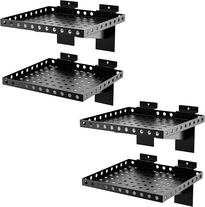4 Pack Slatwall Shelves, Heavy Duty Metal Slat Wall Shelf for Retail, Garage, Home Storage, 20 lbs Load Capacity, Universal Slatwall Accessories (10 x 12 Inch-4, Black)