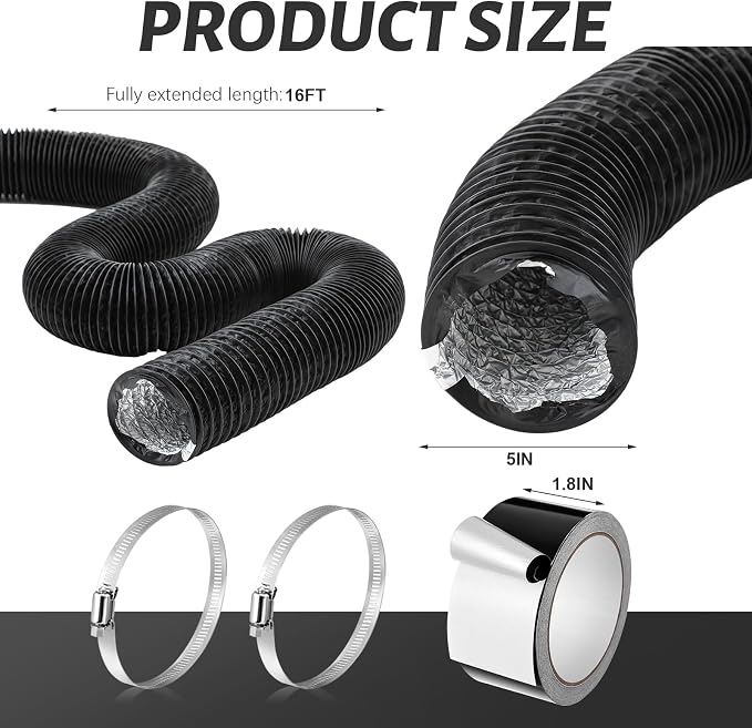 Zonon Dryer Vent Hose 5 Inch x 16 Feet Flexible Aluminum Foil Ducting Non Insulated with Stainless Steel Clamps and Aluminum Tape for Pipe, HVAC Heating Cooling Ventilation and Exhaust(Black)