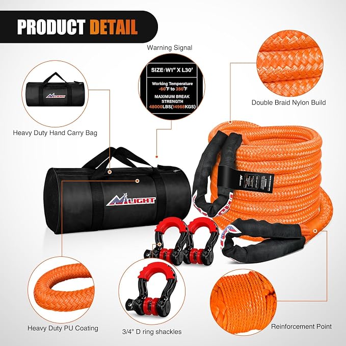 Nilight Kinetic Recovery Tow Rope Kit with 3/4" Anti-Theft D-Ring Shackles 1" x 30ft Heavy Duty Offroad Tow Rope Snatch Strap Towing Strap kit 48,000LBS for UTV ATV SUV Truck Car Jeep Tractor