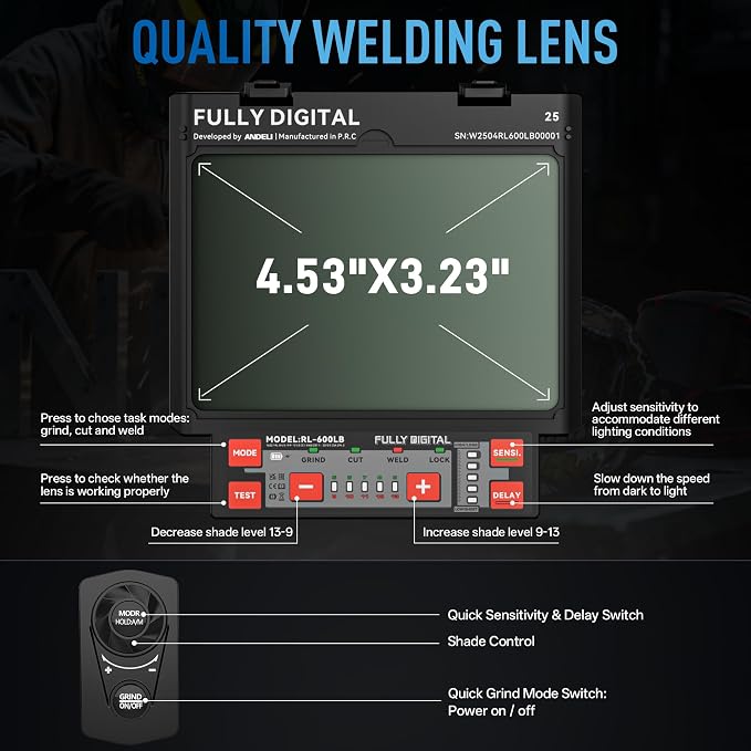 ANDELI Digitally Control Lens Auto Darkening Welding Helmet&5 PCS Large Viewing Screen Outer Replacement Lens and 2 Pcs Inner Replacement Lens