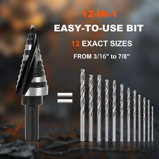 COMOWARE Step Drill Bit, 12 Sizes from 3/16" to 7/8", High Speed Steel Step Bit with 2 Spiral Flutes, 3-Flat Shank, Steps Bits for Metal, Aluminum/Wood/Plastic/Iron, Unibit for Electricians & DIY