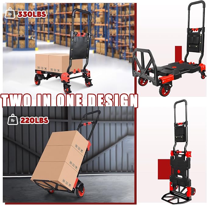 Folding Hand Truck, 2 in 1 Portable Heavy Duty Carrying Moving Dolly Cart with 4 Foldable Wheels and Retractable Handle Duty 330lbs (Red with Folding Basket)