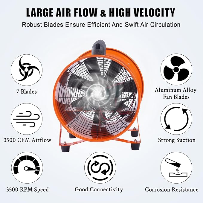 12 in Utility Blower Exhaust Fan with 16.4 ft Duct, 3500 r/min & 3500 CFM Heavy Duty Blower Fan, High Velocity Low Noise Extraction and Ventilation Fan for Ventilating Workshops, Confined Space