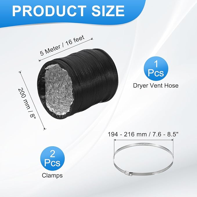 PATIKIL 8 Inch Air Duct, 16Ft Length Dryer Vent Hose Flexible Aluminum Ducting Ducting Dryer Vent 2 Clamps Included for Heating Ventilation Air Conditioning, Black