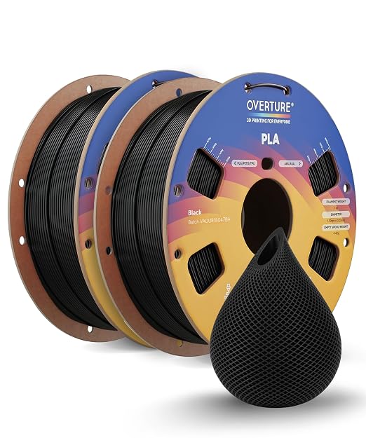 OVERTURE 2KG Bundle High Speed PLA Filament 1.75mm, Neatly Wound 3D Printer Filament 2 Pack 1kg Spool (2.2lbs) Rapid PLA, Fit Most FDM 3D Printers (Black 2-Pack)