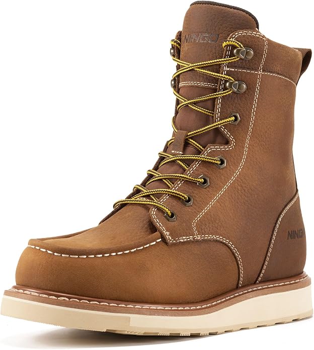 NINGO Steel Toe Work Boots for Men, 8 Inches Waterproof Moc Toe Construction Boots, Goodyear Welt Non Slip Wedge Outsole, Full-Grain Leather EH Rated Mens Safety Work Shoes, for Industrial, Welding