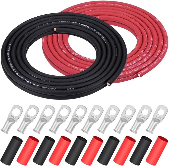 iGreely 6 Gauge 6 AWG Wire 20 Feet Black + 20 Feet Red Welding Battery Pure Copper Ultra Flexible Cable + 5pcs of 5/16" & 5pcs 3/8" Copper Cable Lug Terminal Connectors+Heat Shrink Tubing