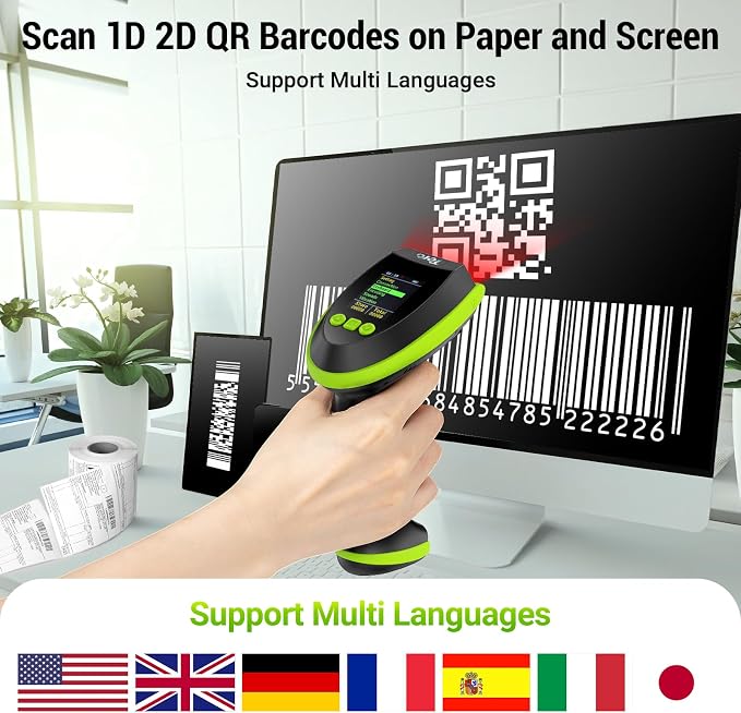 Tera Barcode Scanner Wireless 2D QR with Stand: Digital Setting Screen Keypad Pro Version Extra Fast Scanning Speed Works with Bluetooth 2.4G Wireless USB Wired Bar Code Reader HW0009-Z Green