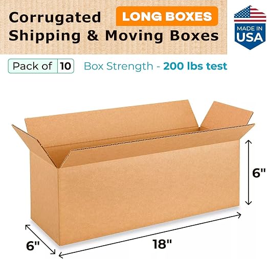 Long Moving & Shipping Boxes 18x6x6 inches (10-Pack) - Extra Strength 200 lb vs Regular - USA-Made Corrugated Moving Boxes for USPS/UPS/FEDEX - Durable Packing Box - Shiping Box by IDL Packaging