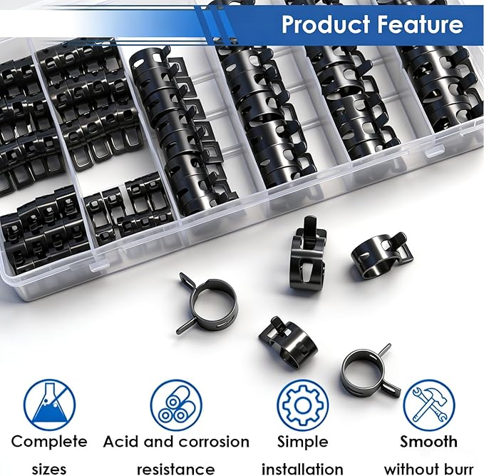smseace Spring Hose Clamp Assortment kit 7-18mm 8-sizes Constant Tension Hose Clamp used for Fuel Line，Vacuum Hose，Air Hose Spring Band Hose Clamp Kit