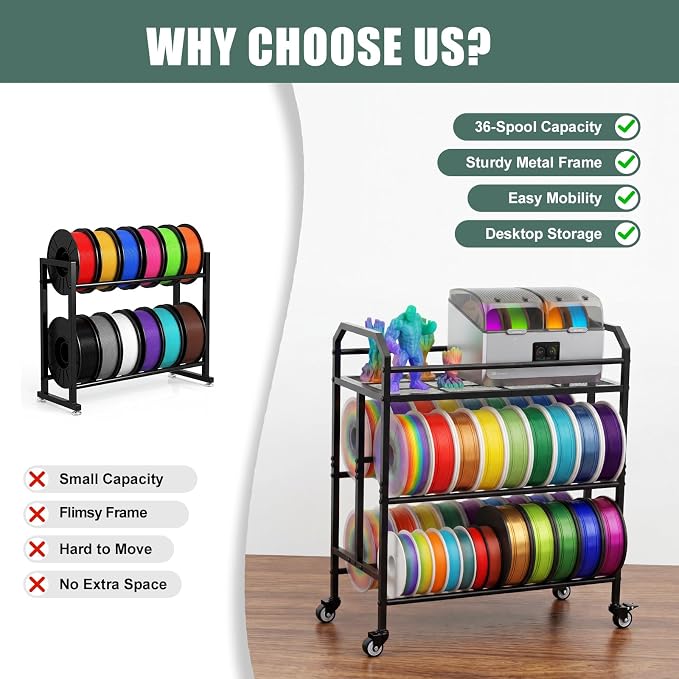 3D Printer Filament Storage Rack 3 Tiers Heavy Duty Metal Filament Spool Holder Holds 36 Spools Sturdy Rolling Filament Shelf with Wheels Easy Assembly Space-Saving for Home Office Workshop