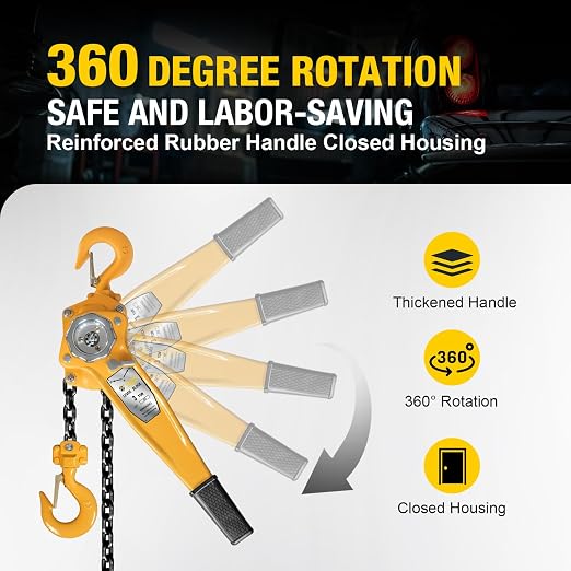 YELLOW JACKET 3 Ton Manual Lever Chain Hoist, 10 FT Come Along, G80 Galvanized Carbon Steel with Weston Double-Pawl Brake, Chain Come Along and Safety Measures for Chain Fall