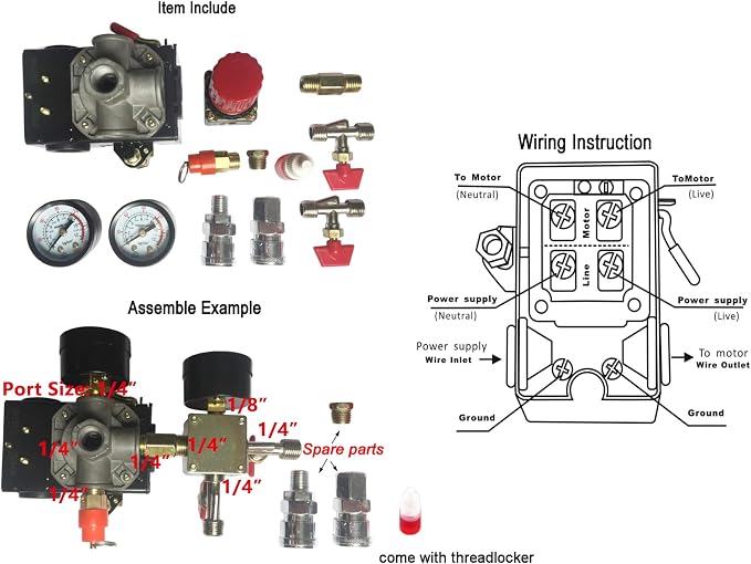 Secbolt Pressure Switch Manifold Regulator Gauges Air Compressor Pressure Switch Control Valve 90-120PSI (American Pattern)