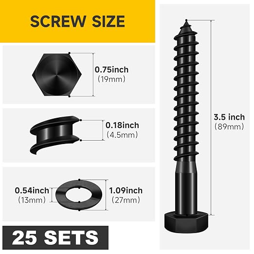 Mywish (25Sets) 1/2" x 3-1/2" Lag Bolts, 304 Stainless Steel 1/2 inch Lag Screws Bolts for Wood, Heavy Duty Hex Head with Flat Washers Bolt Kit, Black Oxided