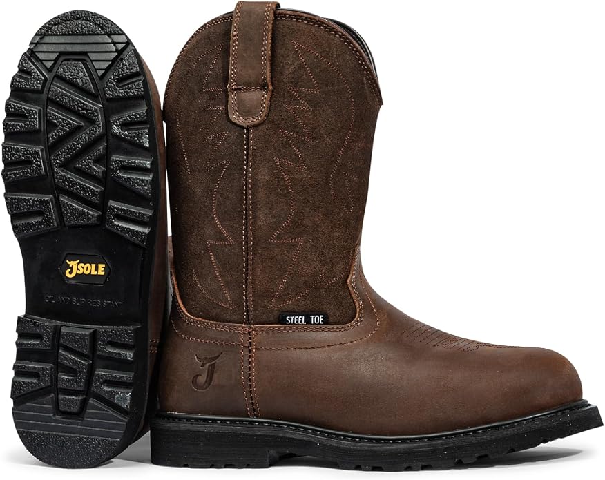 J‘s.o.l.e Men's Cowboy Work Boots Leather Goodyear Welt Non-Slip Rubber Outsole Round Toe Pull-On Brown – Steel Toe & Soft Toe Options