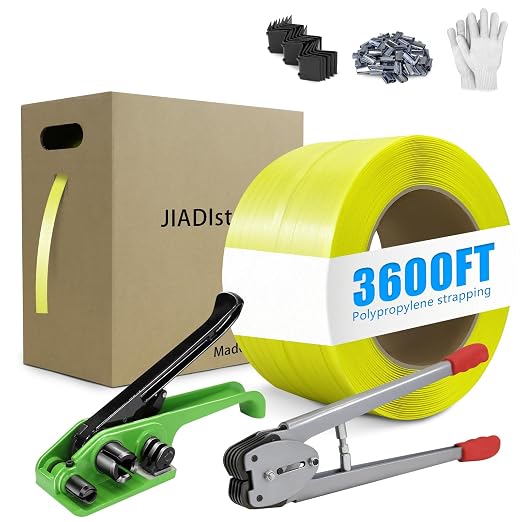 Heavy Duty Banding Strapping kit Contain 1/2" x3600' Polypropylene Packaging Straps & 300 Metal Seals 100 Plastic Edge Protectors Tensioner with Cutter Sealer Tool Glove